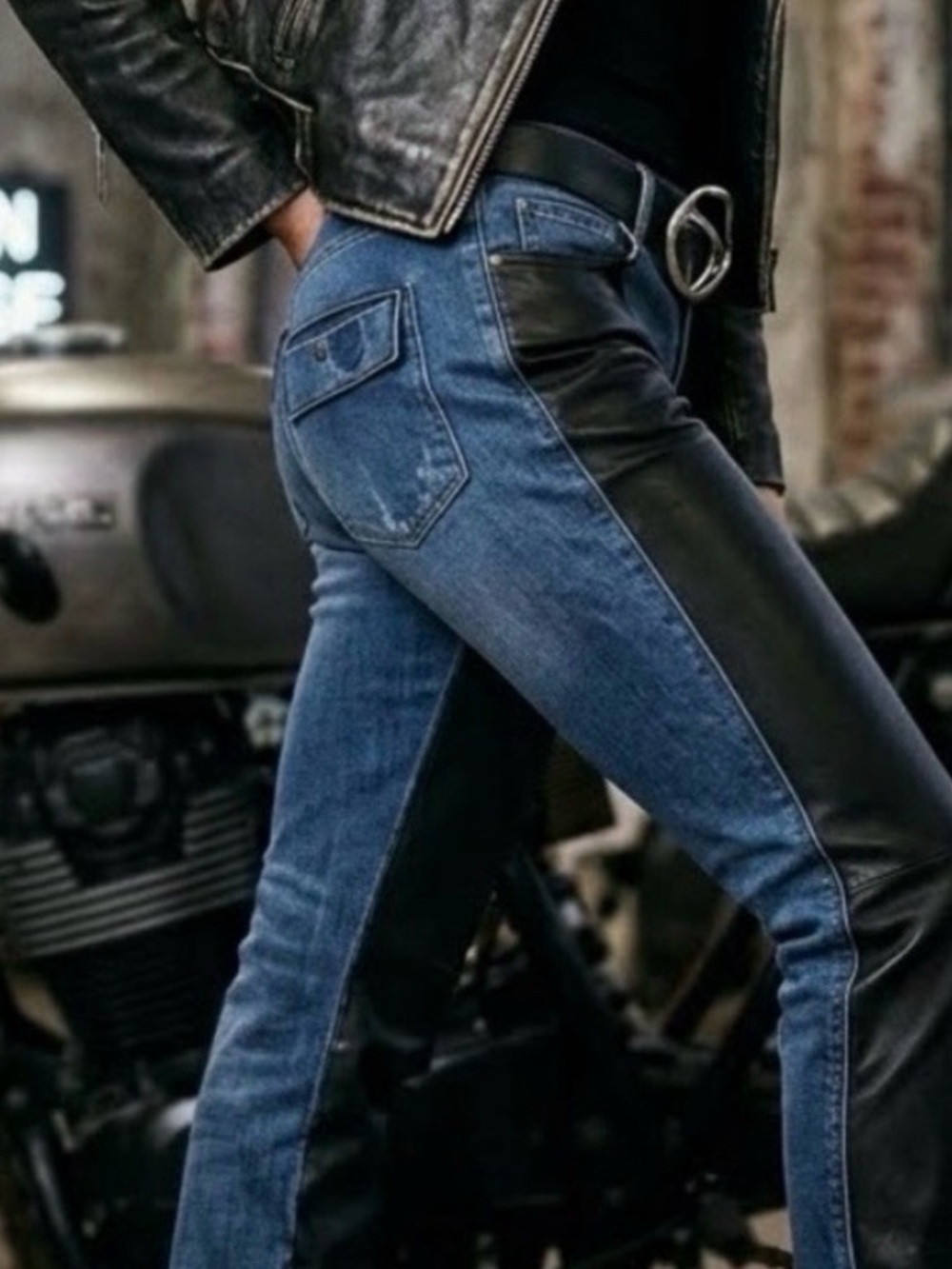 Peter Golding London Vintage Mixed Media Denim & Leather Moto Pants Jeans Size 6